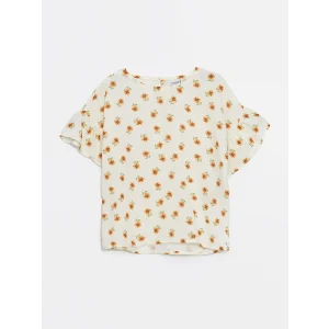LCW Kids Ekru Bisiklet Yaka Çiçekli Kız Çocuk Bluz