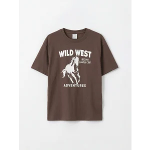 LCW Kids Kahverengi Bisiklet Yaka Baskılı Erkek Çocuk Tişört