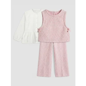 LCW Kids Ekru Bisiklet Yaka Ekose Kız Çocuk Takım