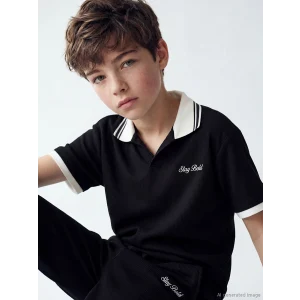 LCW Kids Siyah Polo Yaka Nakışlı Erkek Çocuk Tişört