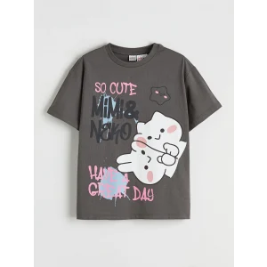 LCW Kids Gri Bisiklet Yaka Mimi ve Neko Baskılı Kız Çocuk Tişört