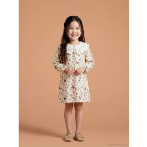 LCW Kids Ekru Bebe Yaka Baskılı Kız Çocuk Elbise