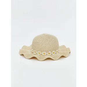 LCW ACCESSORIES Bej Çiçek Desenli Hasır Kız Çocuk Şapka