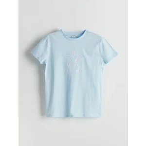 LCW Kids Mavi Bisiklet Yaka Taşlı Kız Çocuk Tişört