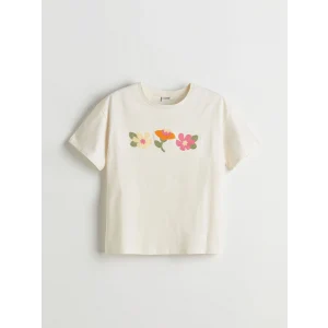 LCW Kids Ekru Bisiklet Yaka Çiçekli Kız Çocuk Tişört