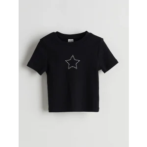 LCW Kids Siyah Bisiklet Yaka Taşlı Kız Çocuk Tişört