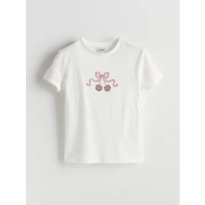 LCW Kids Ekru Bisiklet Yaka Taşlı Kız Çocuk Tişört