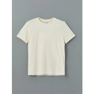 LCW Kids Ekru Bisiklet Yaka Fiyonk Nakışlı Kız Çocuk Tişört