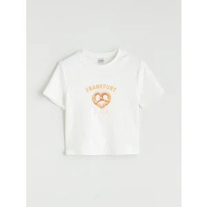 LCW Kids Ekru Bisiklet Yaka Frankfurt Baskılı Kız Çocuk Crop Tişört