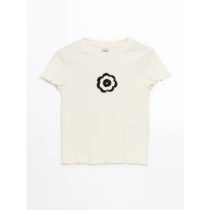 LCW Kids Ekru Bisiklet Yaka Çiçekli Kız Çocuk Crop Tişört