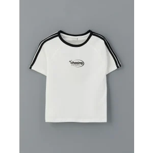 LCW Kids Ekru Bisiklet Yaka Baskılı Kız Çocuk Tişört