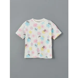 LCW Kids Ekru Bisiklet Yaka Çiçekli Kız Çocuk Tişört