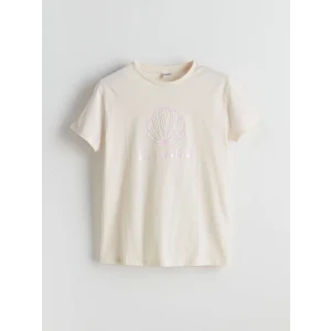 LCW Kids Ekru Bisiklet Yaka Taşlı Kız Çocuk Tişört