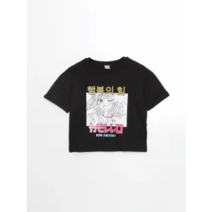 LCW Kids Siyah Bisiklet Yaka Anime Baskılı Kız Çocuk Tişört