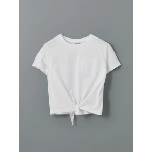 LCW Kids Beyaz Bisiklet Yaka Kız Çocuk Crop Tişört