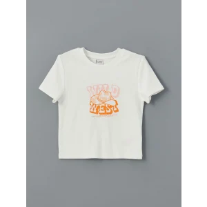 LCW Kids Ekru Bisiklet Yaka Kız Çocuk Crop Tişört