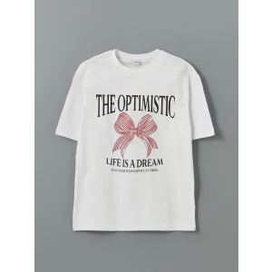 LCW Kids Beyaz Bisiklet Yaka Baskılı Kız Çocuk Tişört