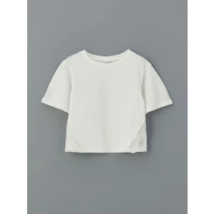 LCW Kids Ekru Bisiklet Yaka Dantel Detaylı Kız Çocuk Tişört