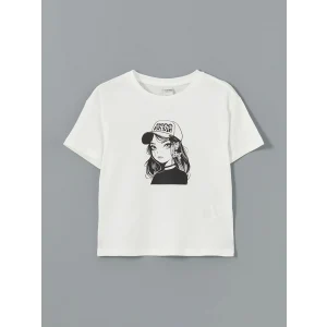 LCW Kids Ekru Bisiklet Yaka Taşlı Kız Çocuk Tişört