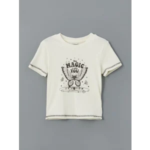 LCW Kids Ekru Bisiklet Yaka Kız Çocuk Tişört