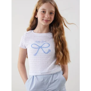 LCW Kids Beyaz Bisiklet Yaka Fiyonk Baskılı Kız Çocuk Tişört