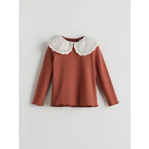 LCW Kids Kahverengi Bebe Yaka Nakışlı Kız Çocuk Tişört