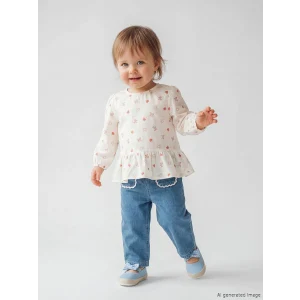 LCW baby Ekru Kız Bebek Desenli Bluz ve Jean Pantolon