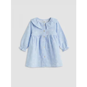 LCW baby Mavi Fırfırlı Bebe Yaka Desenli Kız Bebek Elbise