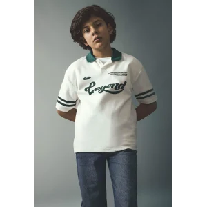 Defacto G7474A8ER105 Ekru Oversıze Polo Yaka Slogan Baskılı Kısa Kollu Polo Tişört Erkek Çocuk