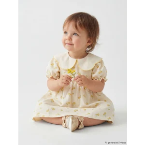 LCW baby Ekru Bebe Yaka Çiçek Desenli Kız Bebek Elbise