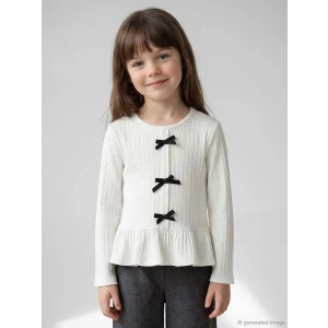 LCW Kids Ekru Bisiklet Yaka Fiyonklu Kız Çocuk Fitilli Tişört