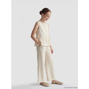 LCW Kids Ekru Beli Lastikli Çizgili Kız Çocuk Pantolon