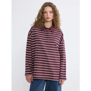 LCW Modest Mürdüm Polo Yaka Çizgili Kadın Sweatshirt Tunik