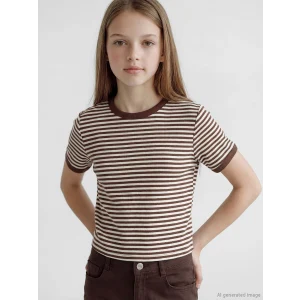 LCW Kids Kahverengi Bisiklet Yaka Simli Çizgili Kız Çocuk Tişört