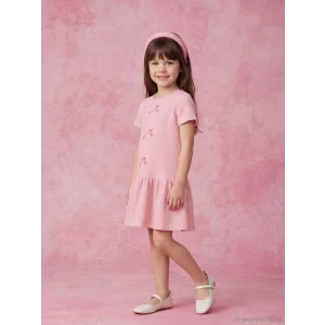 LCW Kids Pembe Bisiklet Yaka Fiyonk Detaylı Kız Çocuk Elbise