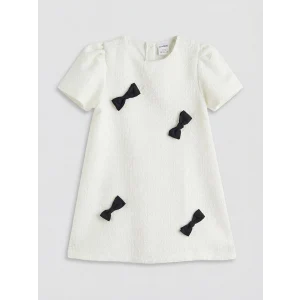 LCW Kids Ekru Bisiklet Yaka Fiyonklu Kız Çocuk Tüvit Elbise
