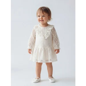 LCW baby Ekru Bebe Yaka Dantelli Kız Bebek Elbise