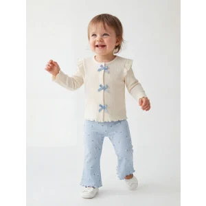 LCW baby Ekru Fiyonklu Kız Bebek Fitilli Tişört ve Tayt