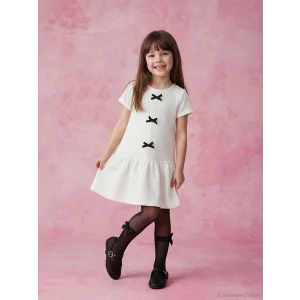 LCW Kids Ekru Bisiklet Yaka Fiyonk Detaylı Kız Çocuk Elbise