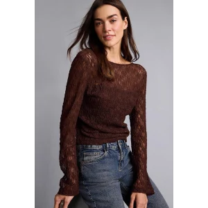 Defacto G1743AXBN334 Kahve Fıtted Kayık Yaka Dantel Uzun Kollu Bluz
