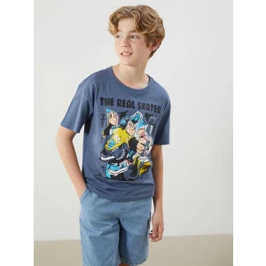 LCW Kids Mavi Bisiklet Yaka Nostaljik Maymun Baskılı Kısa Kollu Erkek Çocuk Tişört