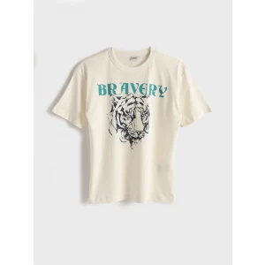 LCW Kids Ekru Bisiklet Yaka Baskılı Kısa Kollu Erkek Çocuk Tişört