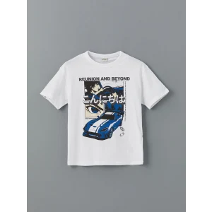 LCW Kids Beyaz Bisiklet Yaka Baskılı Penye Erkek Çocuk Tişört