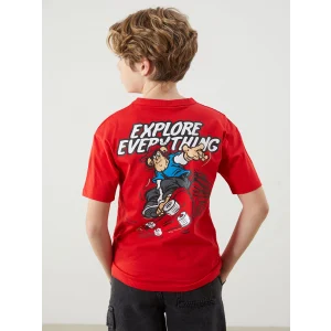 LCW Kids Kırmızı Bisiklet Yaka Nostaljik Maymun Baskılı Erkek Çocuk Tişört