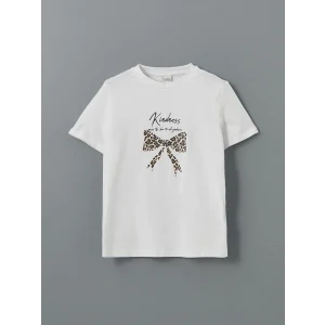 LCW Kids Beyaz Bisiklet Yaka Fiyonk Baskılı Kız Çocuk Tişört