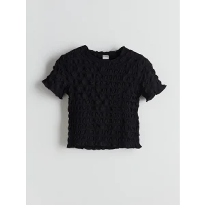 LCW Kids Siyah Bisiklet Yaka Kız Çocuk Crop Tişört