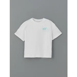 LCW Kids Beyaz Bisiklet Yaka Baskılı Kız Çocuk Tişört