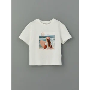 LCW Kids Ekru Bisiklet Yaka Kız Çocuk Tişört