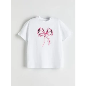 LCW Kids Beyaz Bisiklet Yaka Fiyonk Baskılı Kız Çocuk Tişört