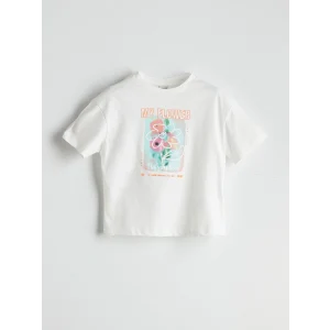 LCW Kids Ekru Bisiklet Yaka Çiçekli Kız Çocuk Tişört